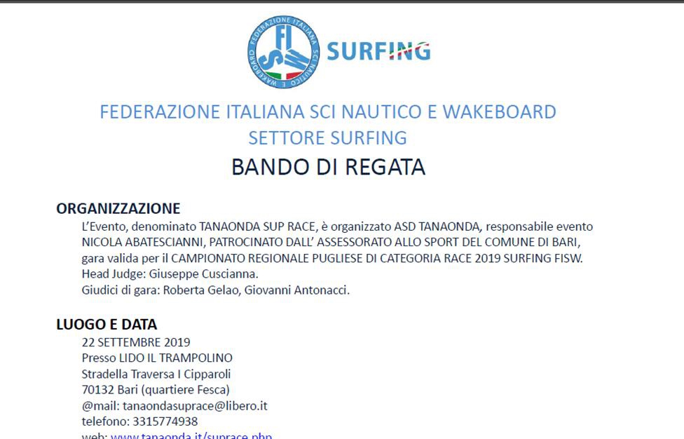 Bando di Regata SUrfing FISW TANAONDA SUP Race 2019